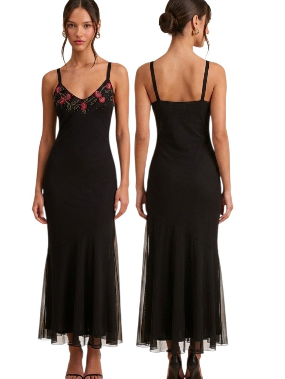 XSCAPE Y2K Embroidered & Beaded Silk Evening Gown - Size LP